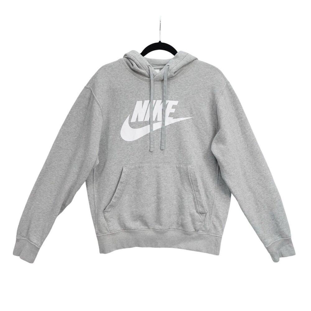Nike Hoodie Mens Small Heather Gray Club Sportswear Graphic Logo Sweatshirt
